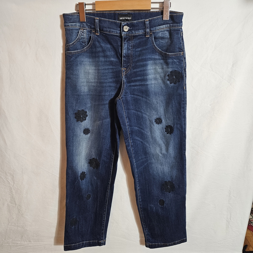 Emporio Armani Blue Jeans with Black Floral Accents